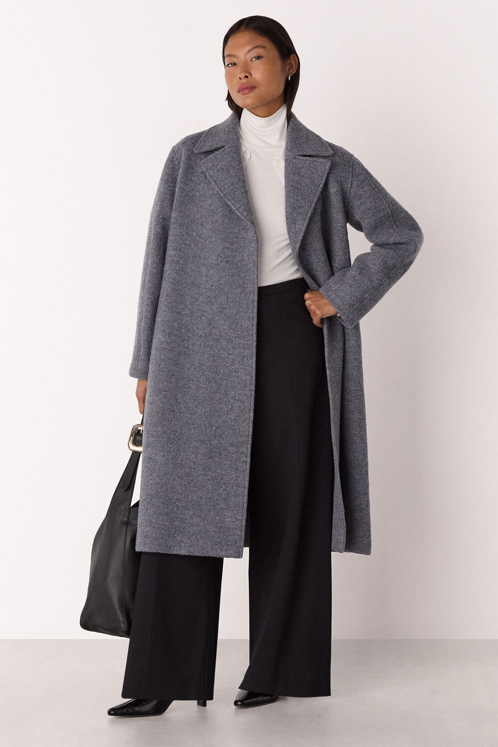 Grey Petite Long Belted Wool Coat